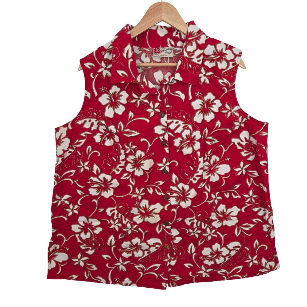 Hilo Hattie Womens Red 100% Cotton Sleeveless Hawaiian Shirt 1X Floral Aloha Top